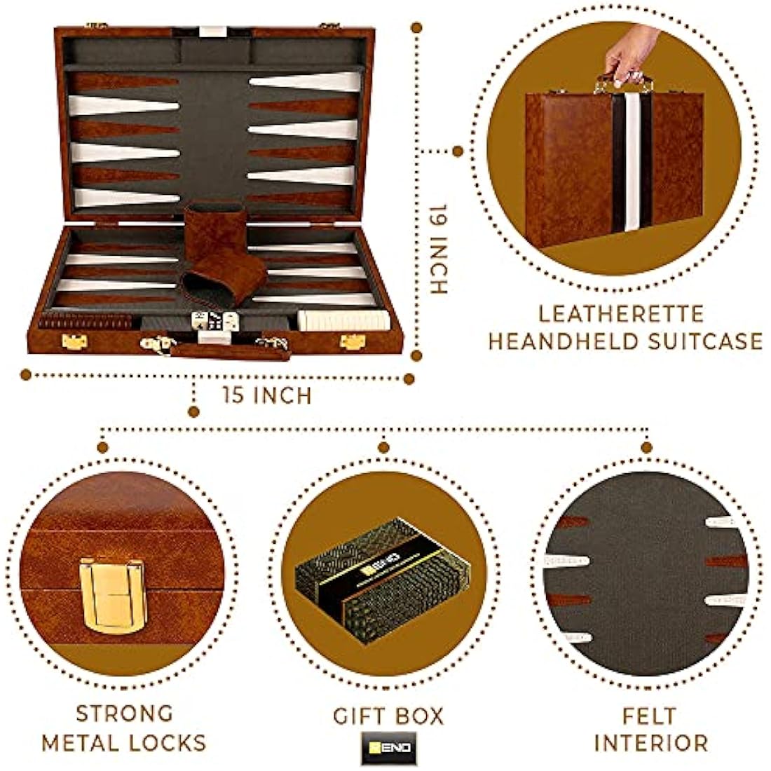 Jolof Store RENO 15 Inch Leather Backgammon Set – Portable Board Game