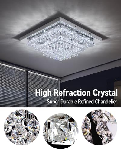 XEMQENER 84W Modern Square LED Crystal Chandelier - 60cm Flush Mount Light