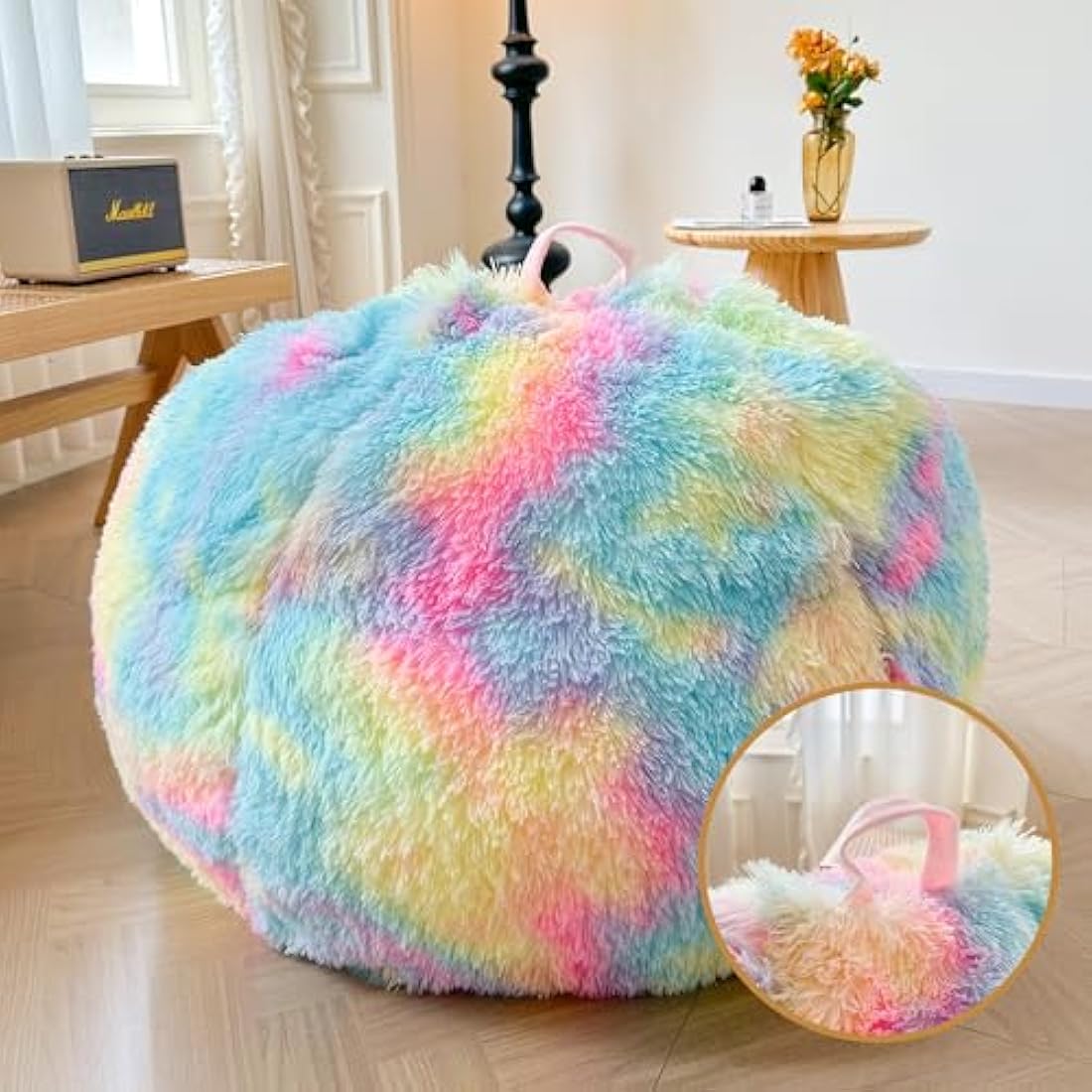 XeGe Faux Fur Bean Bag Cover – Rainbow Tie Dye Fluffy Chair for Storage