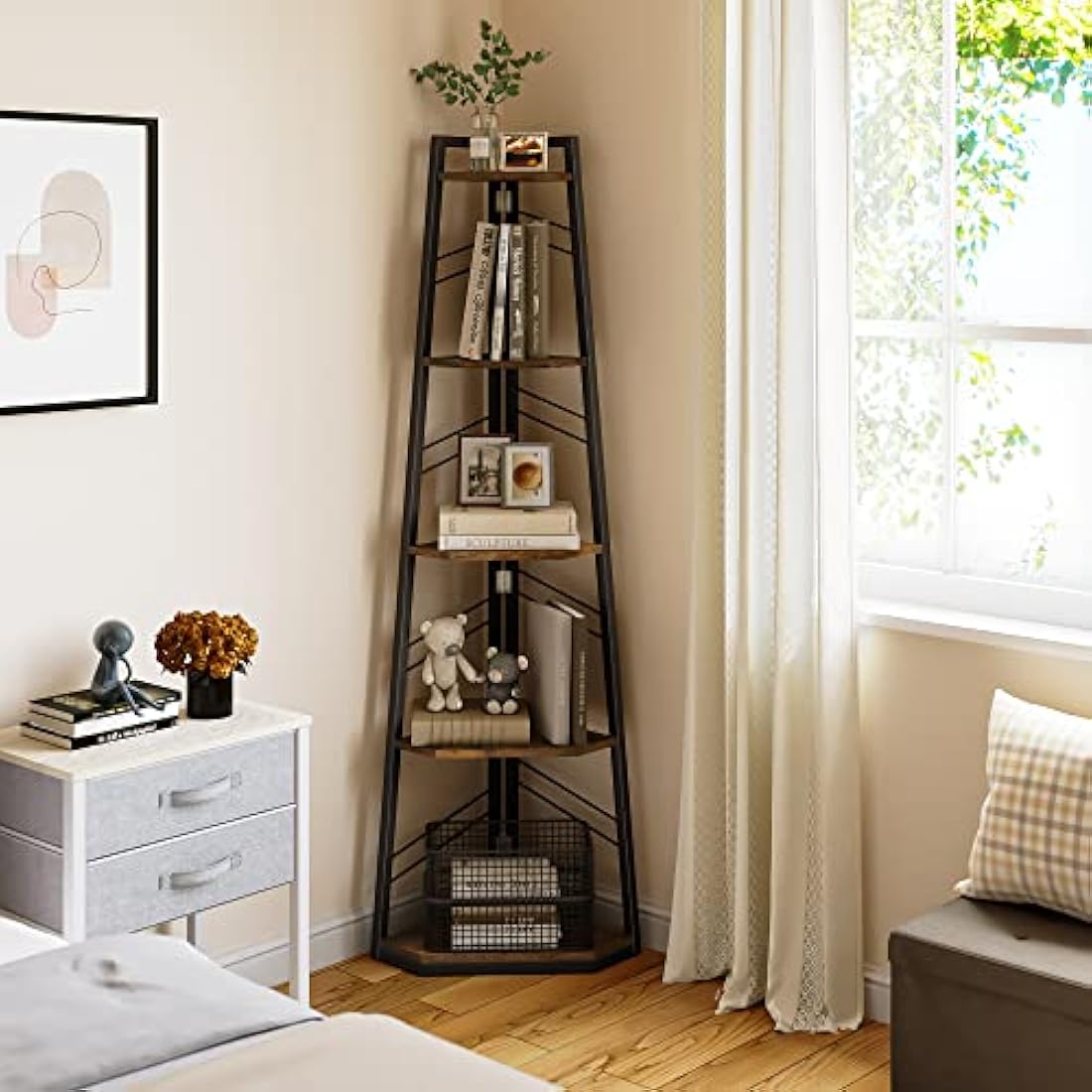 YITAHOME 5-Tier Corner Bookshelf - Industrial Wooden Ladder Display Shelf