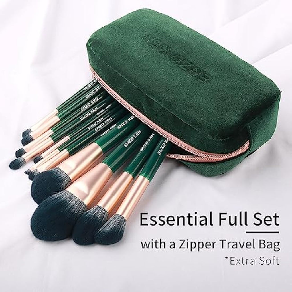 ENZO KEN Professional Goat Hair Makeup Brush Set with Case - Green