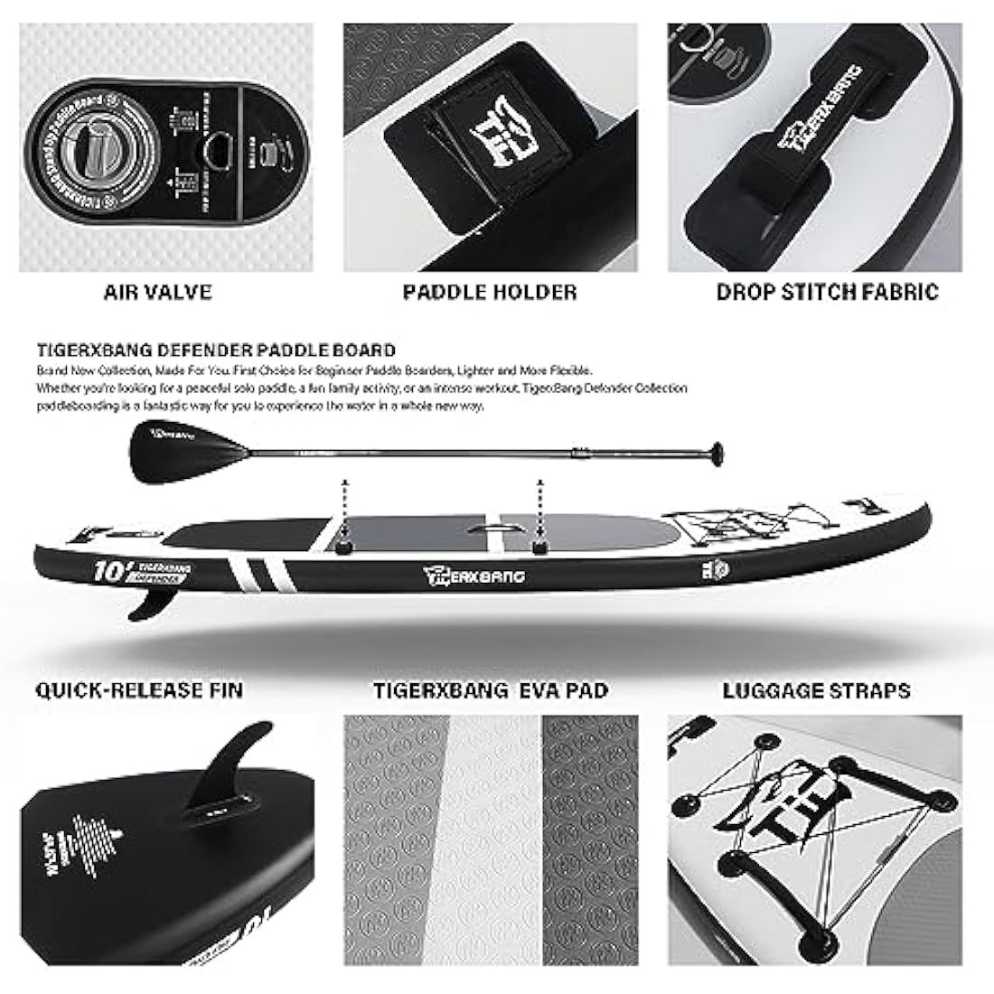 TIGERXBANG Inflatable Stand Up Paddle Board – 10' x 31" x 6" SUP Kit