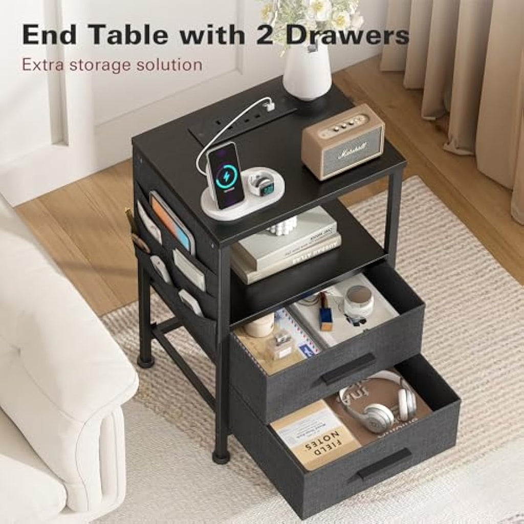 Industrial Nightstand with Charging Station & 2 Drawers
