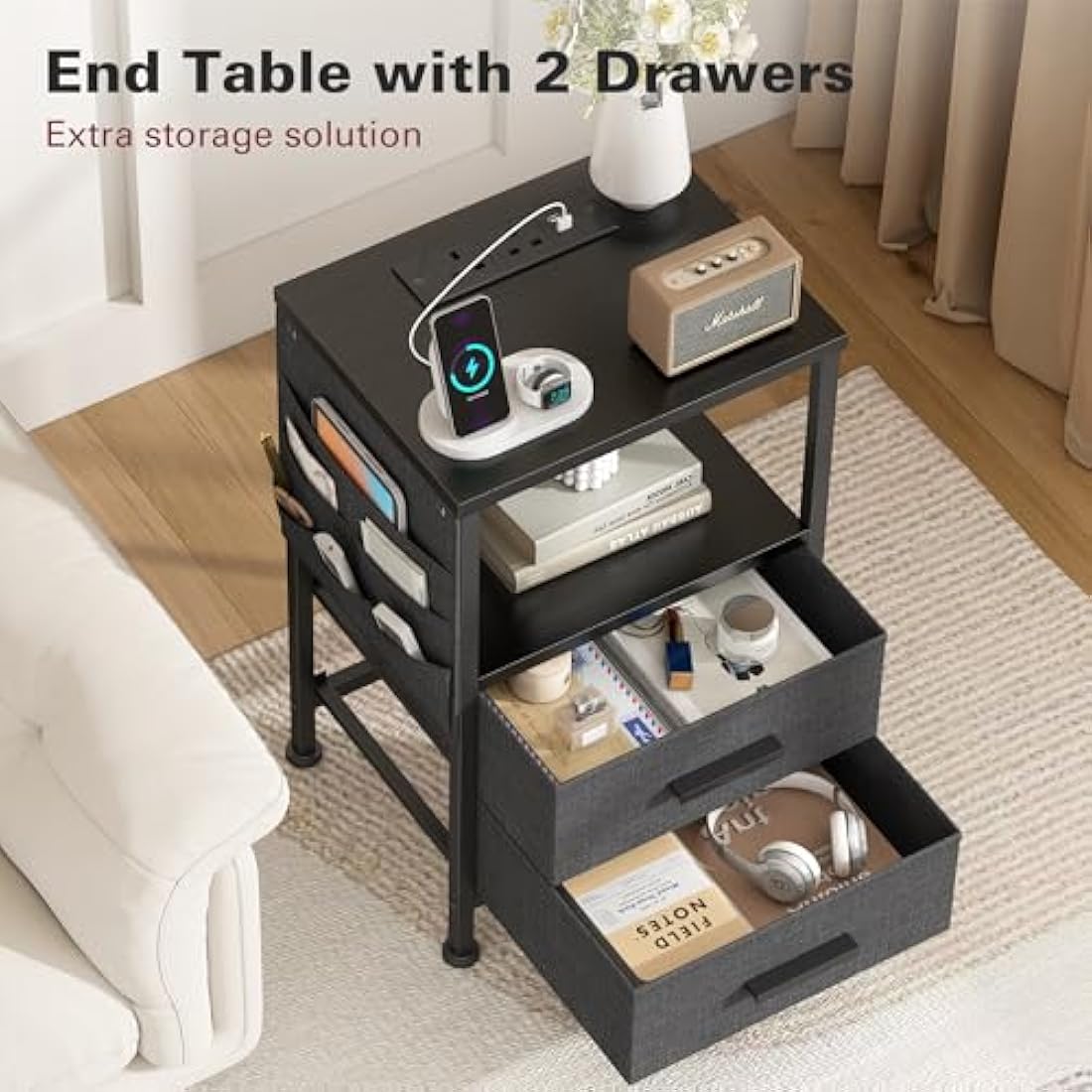 Industrial Nightstand with Charging Station & 2 Drawers