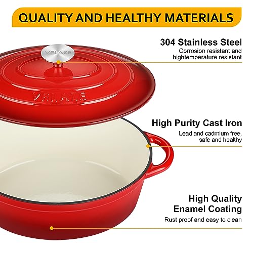 Velaze 5L Oval Enameled Cast Iron Dutch Oven – 30cm Non-Stick Pot, Red
