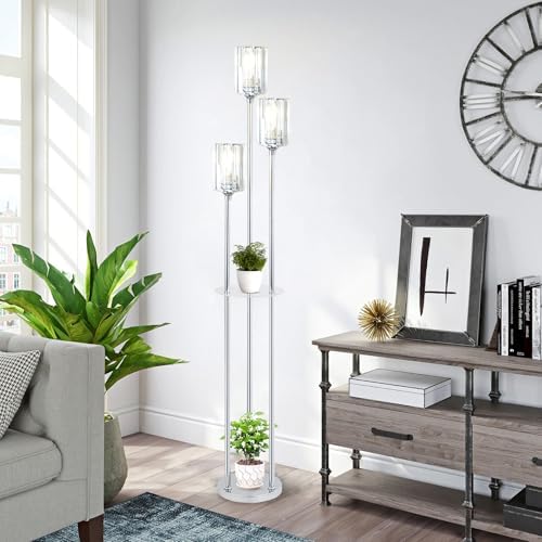 Rayofly 3-Light Crystal Floor Lamp with Shelves | Modern Chrome Standing Lamp