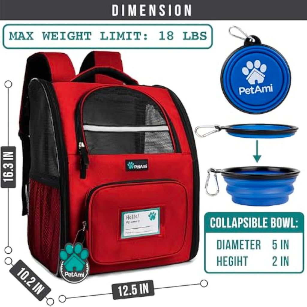 PetAmi Dog Backpack Carrier | Ventilated Airline Approved Hiking Bag - Red