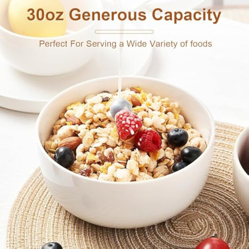 Jassceram 6-Inch Ceramic Cereal Bowls - 28oz White Porcelain Set of 6