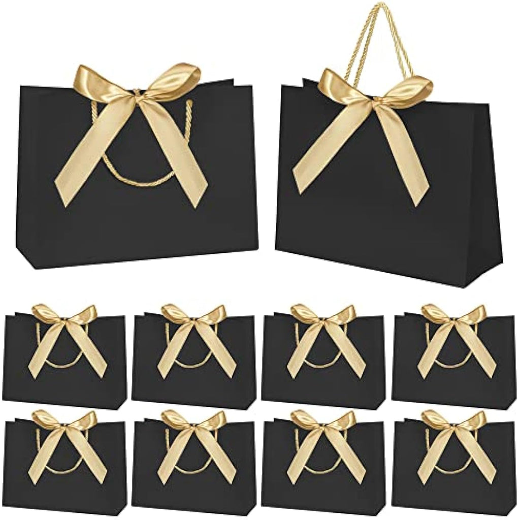 Luxury Paper Gift Bags with Gold Ribbon - 10 Pack, Black