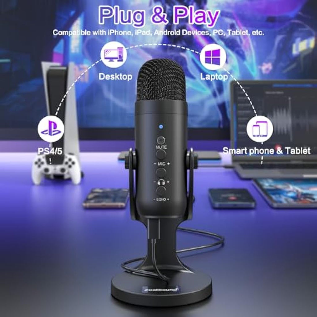 ZealSound USB Condenser Gaming Microphone for PC, PS5 & iPhone – Mute & Echo
