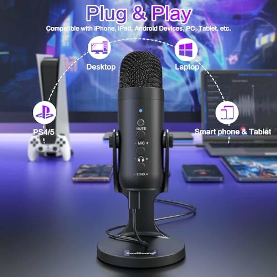 ZealSound USB Condenser Gaming Microphone for PC, PS5 & iPhone – Mute & Echo