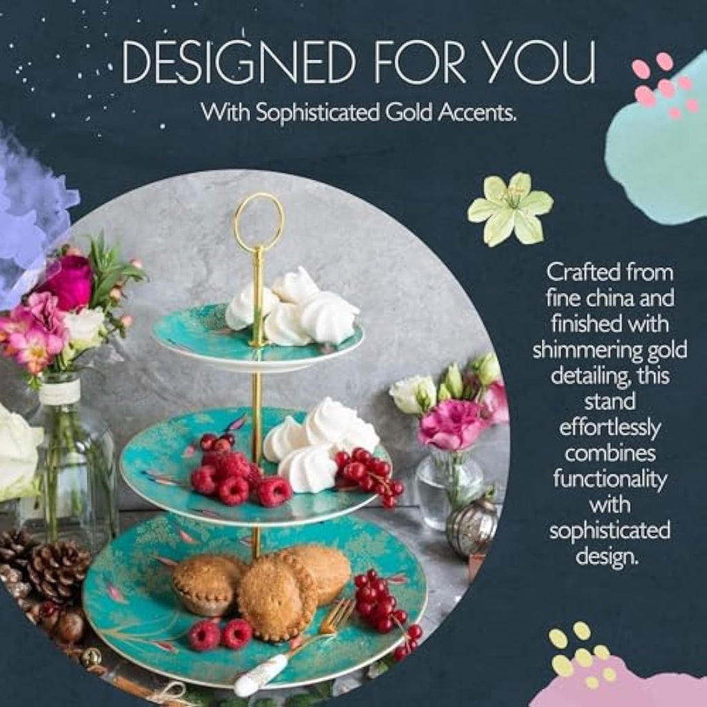 Sara Miller Chelsea 3-Tier Cake Stand - Green Fine China with Gold Detail
