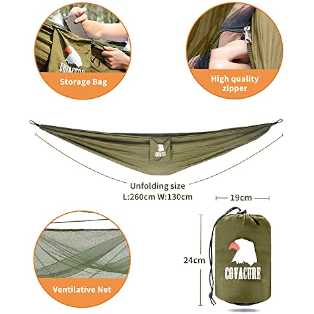COVACURE Camping Hammock with Mosquito Net | Ultralight Parachute Nylon