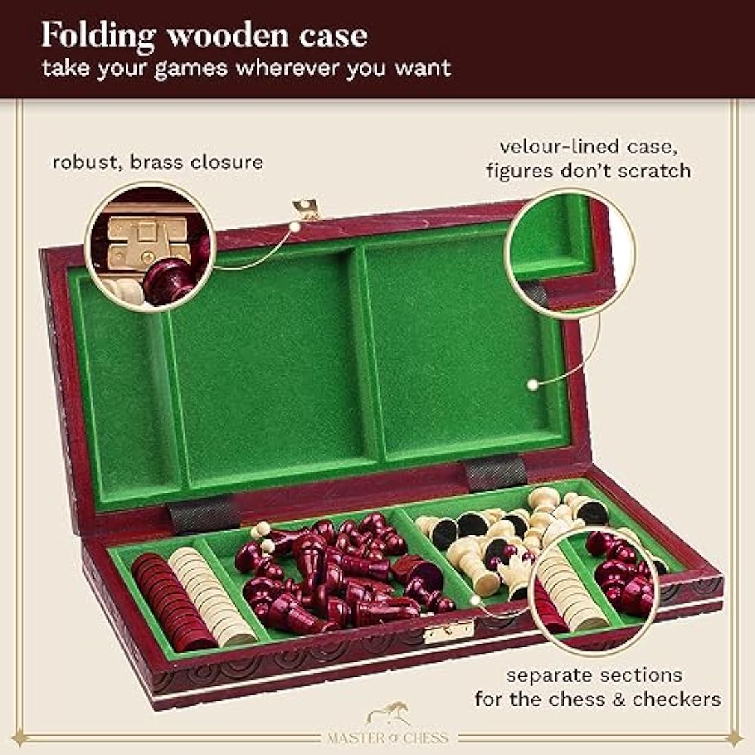 Jolof Store Handmade Wooden Chess and Checkers Set – 35cm Red Travel Board
