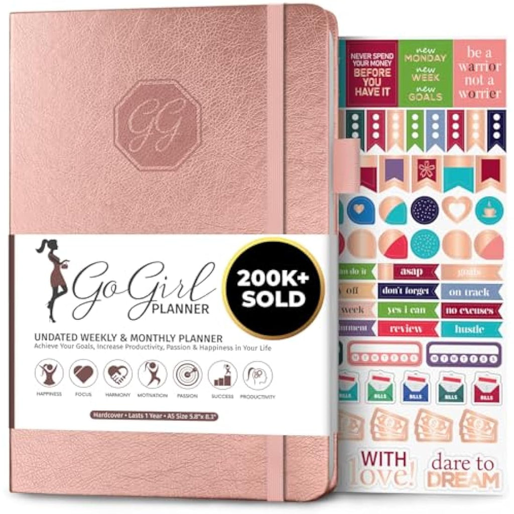 GoGirl Undated Weekly Planner – A5 Eco-Leather Goal Journal, Rose Gold