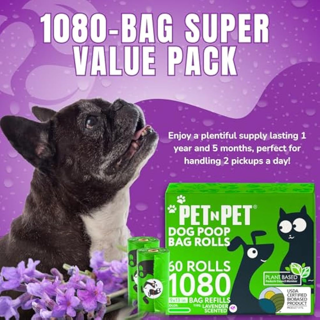 PET N PET Dog Poop Bags | 1080 Count Biobased Leak-Proof Lavender Scent