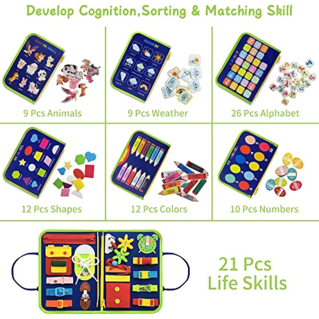 TenFans Montessori Busy Board – Sensory Toddler Travel Toy for Fine Motor Skills