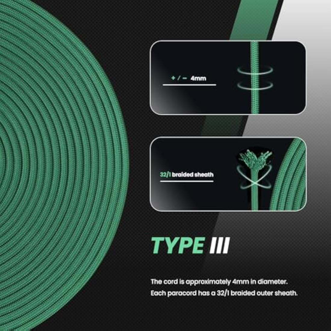 Abma Cord 4mm Type III Nylon Paracord – 100m 9-Strand Rope, Kelly Green