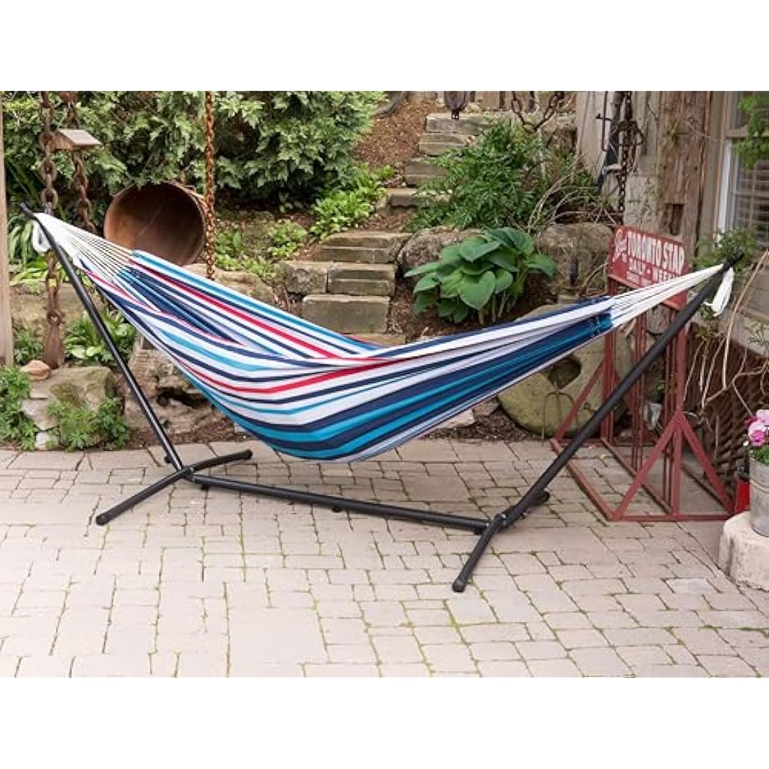 Vivere Double Cotton Hammock with Space-Saving Steel Stand – Denim