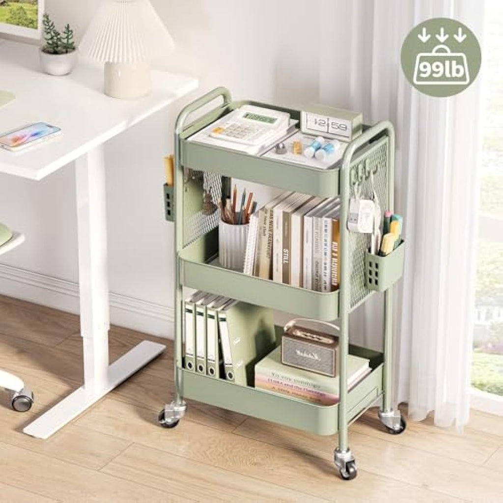 Urackify 3-Tier Rolling Utility Cart with Pegboard & Hooks - Green