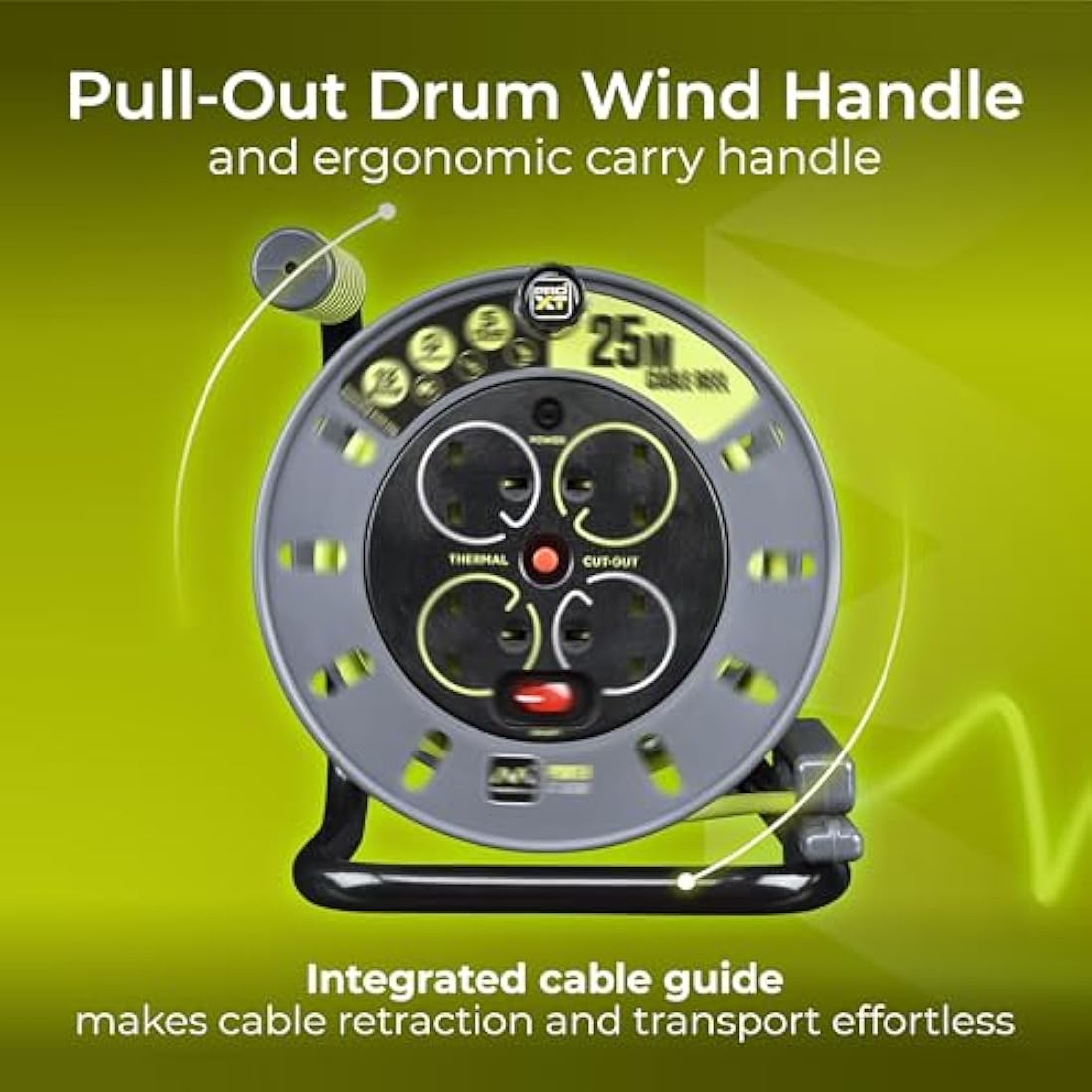 Masterplug Pro-XT 25m Cable Reel Extension Lead – 4 Sockets & Switch