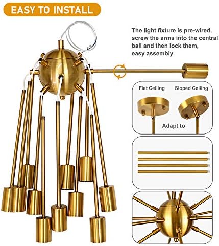 LynPon Gold Sputnik Chandelier – 12-Light Modern Brass Pendant Fixture