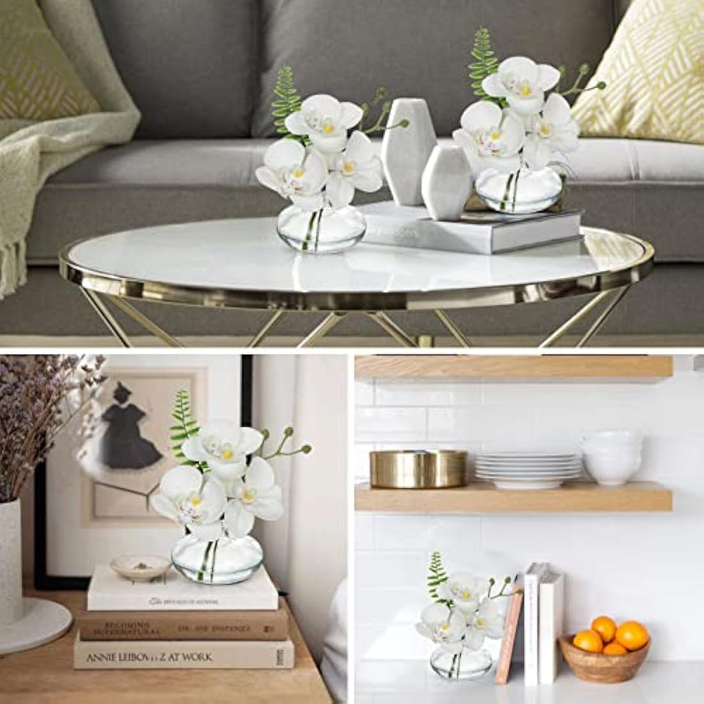Briful Set of 3 White Artificial Orchids in Glass Vase | Real Touch Faux