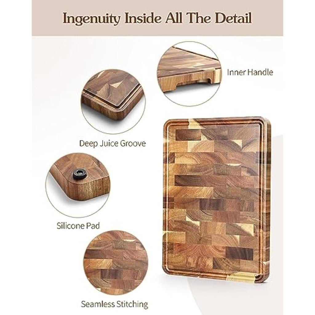 XINZUO Acacia Wood End Grain Cutting Board with Juice Groove | 14x10"