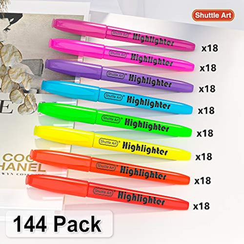 Shuttle Art 144 Pack Highlighters | 8 Assorted Colors Chisel Tip
