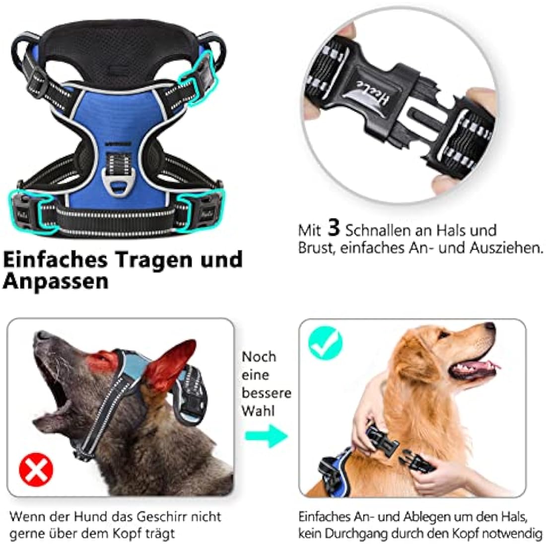 HEELE No Pull Dog Harness | Reflective Adjustable Padded Vest - Blue, S