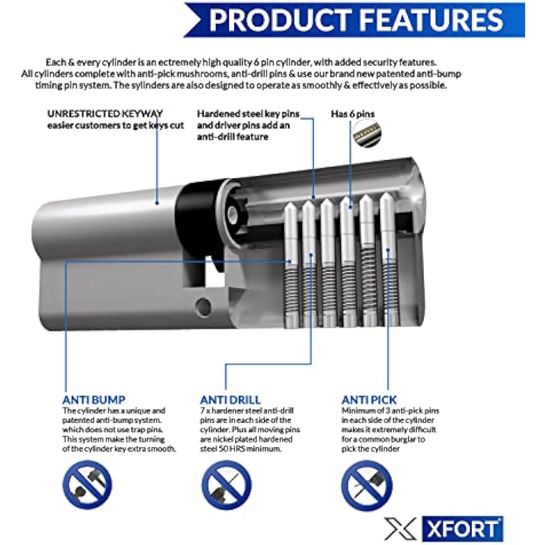 XFORT Euro Cylinder Door Lock 45/50 (95mm) | Anti-Bump & Anti-Drill Chrome