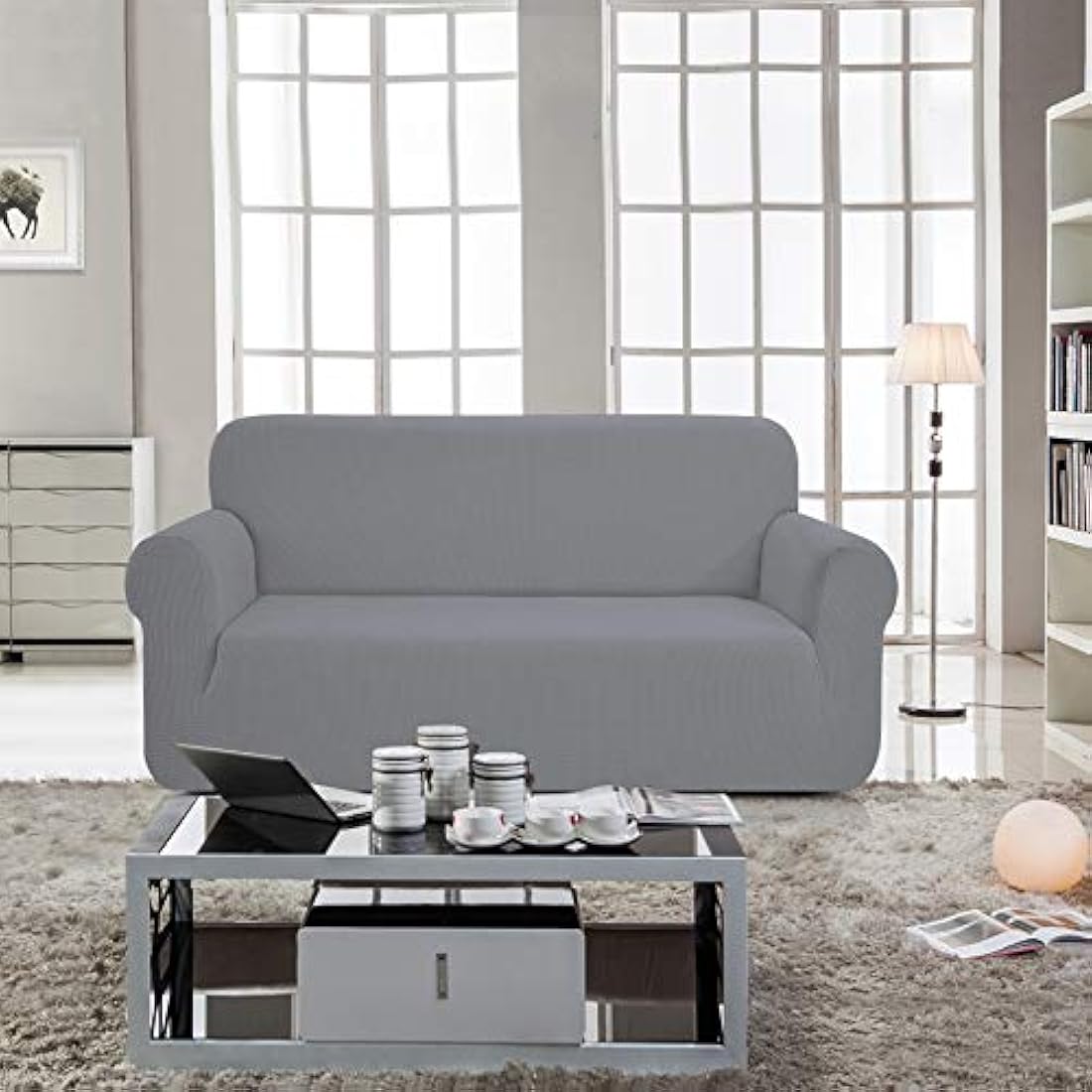 SAMSTEX 3 Seater Sofa Cover | Stretch Jacquard Slipcover - Light Grey