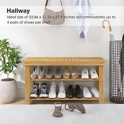 SMIBUY 3-Tier Bamboo Shoe Rack Bench | Entryway Storage Shelf - Natural