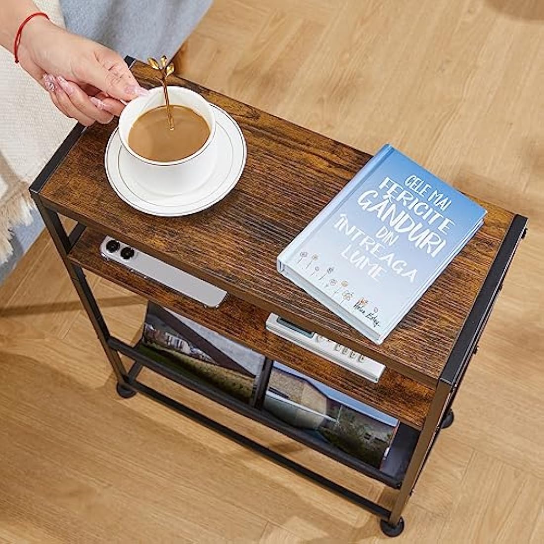 ZEXVIDA Narrow End Table with Magazine Holder – Slim Industrial Side Table