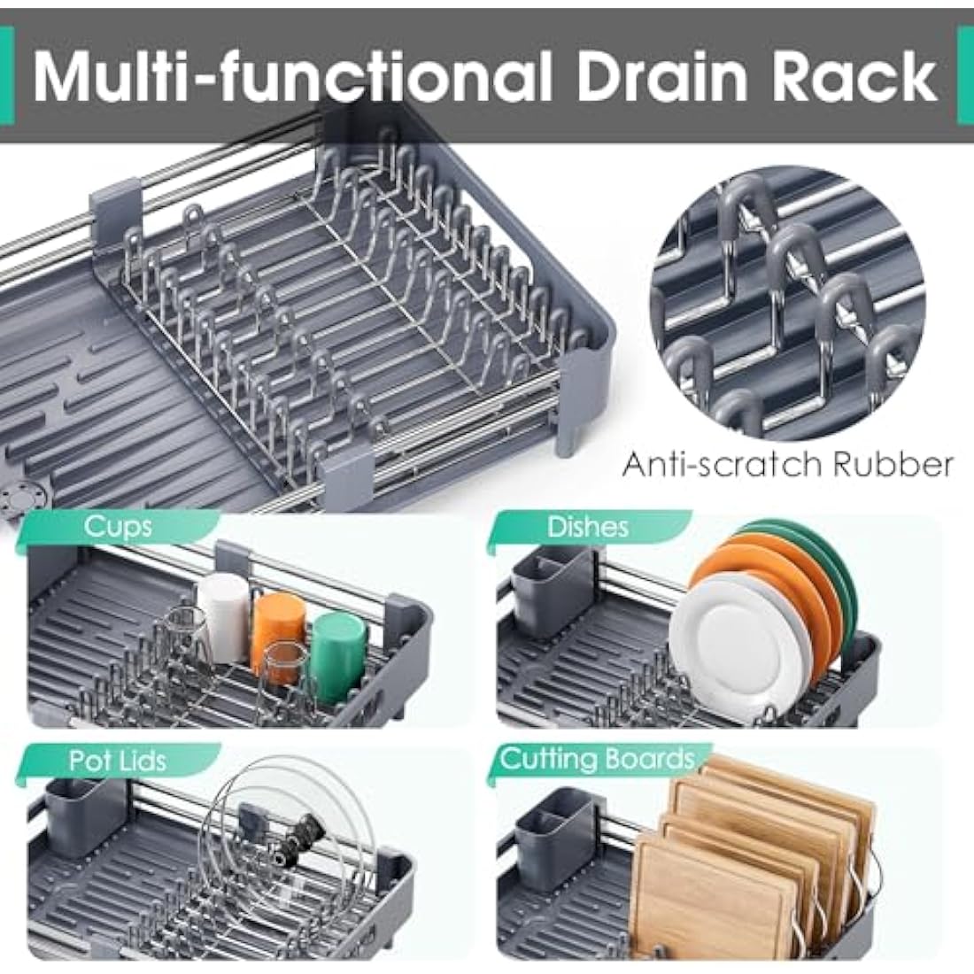 KINGRACK Extendable Dish Drying Rack | Stainless Steel Drainer in Gray