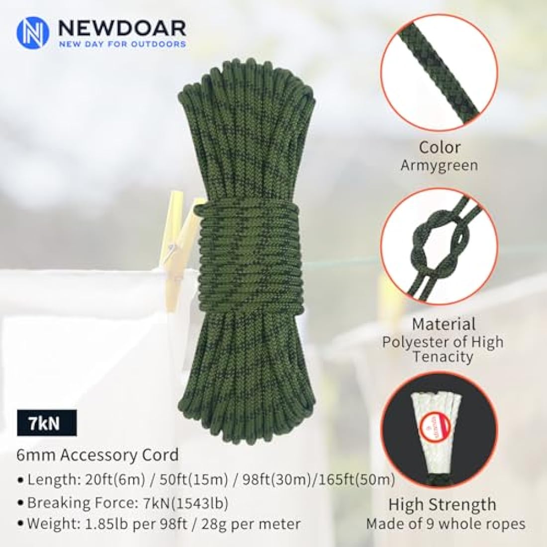 NewDoar 6mm Static Accessory Cord – Durable Polyester Utility Rope, 50M
