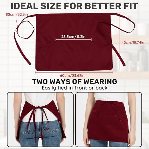 6 Pack Black Waist Apron – Waterproof 3-Pocket Server Apron