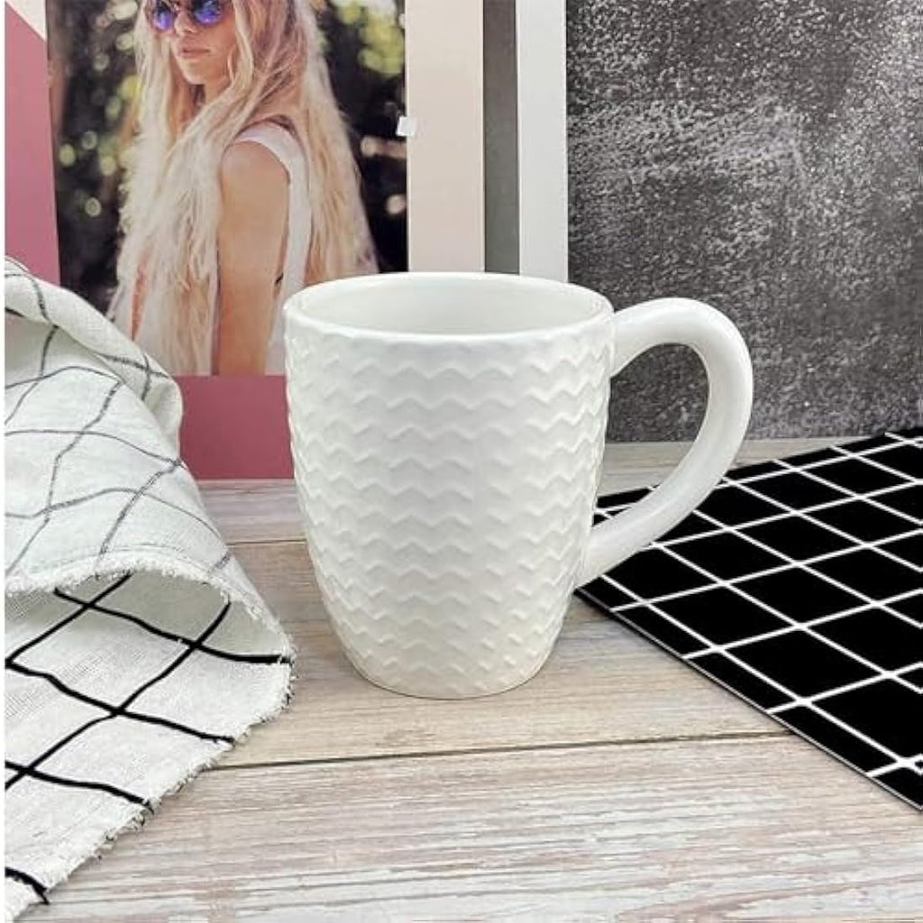 Hoikwo Bone China Coffee Mugs Set of 6 – 13oz White Embossed Cups