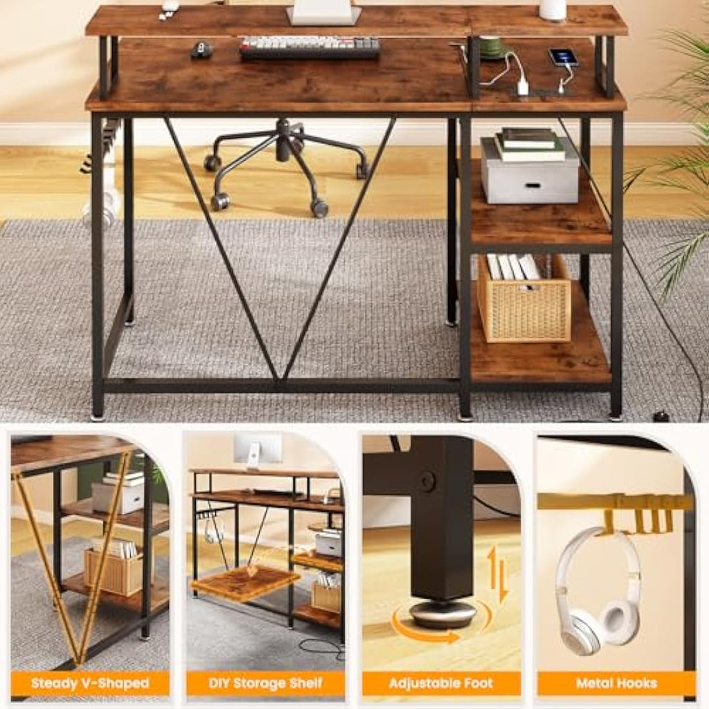 Dripex Computer Desk with Power Outlet, Monitor Stand & Reversible Shelves