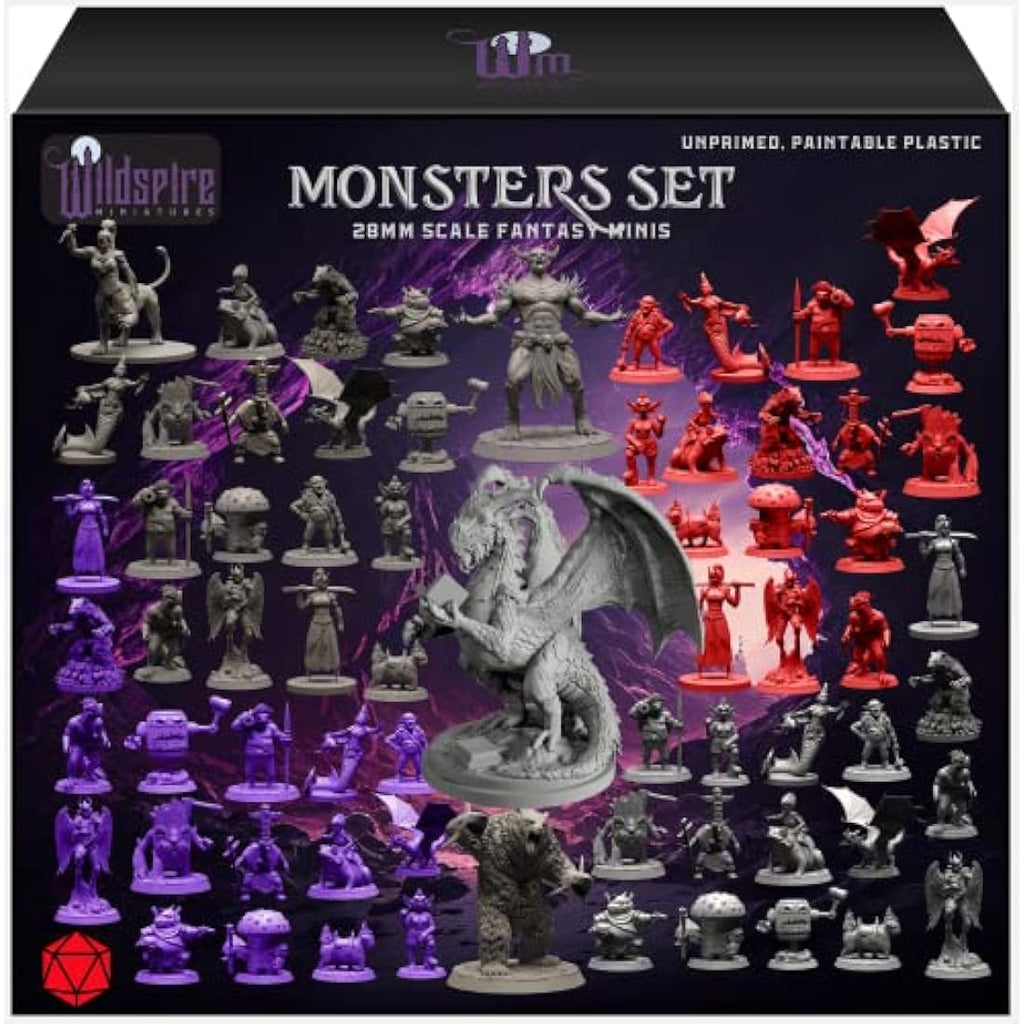 Wildspire Fantasy DND Miniatures - 68 Unpainted Bulk Figures with Dragon