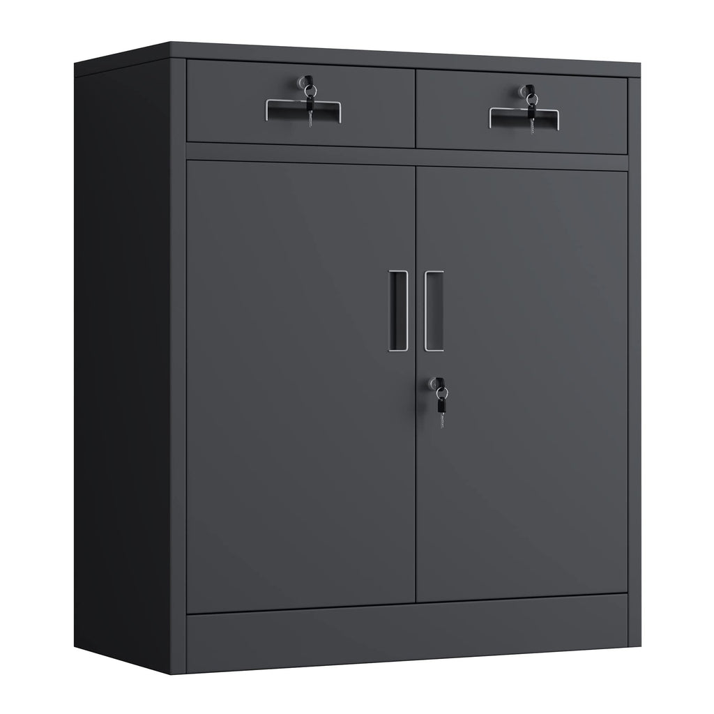 JINGUR Metal Storage Cupboard with Locking Doors and 2 Drawers Black - image 1
