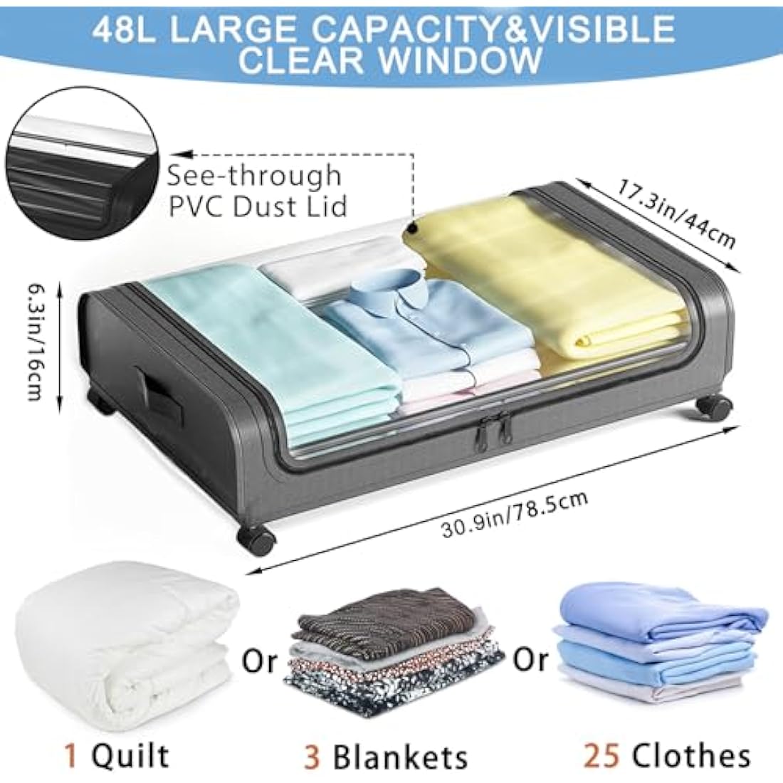 2-Pack Under Bed Storage with Wheels | 48L Metal Frame - Grey