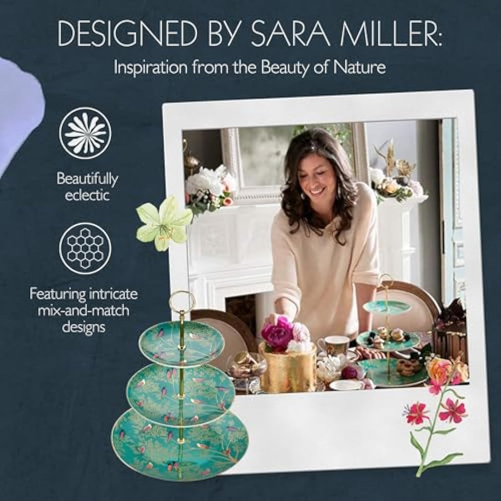 Sara Miller Chelsea 3-Tier Cake Stand - Green Fine China with Gold Detail