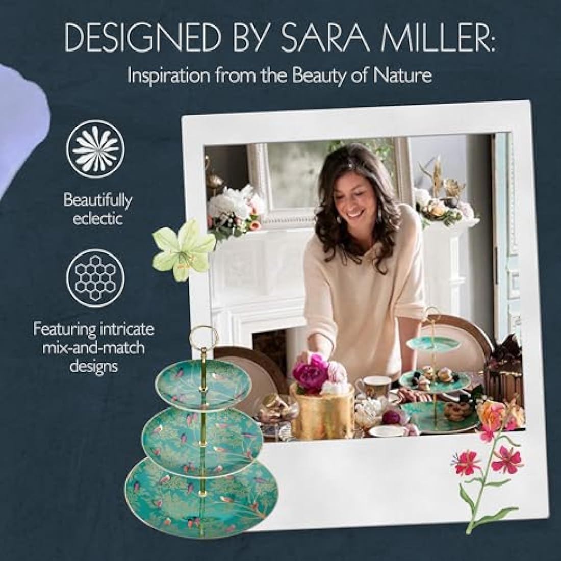 Sara Miller Chelsea 3-Tier Cake Stand - Green Fine China with Gold Detail