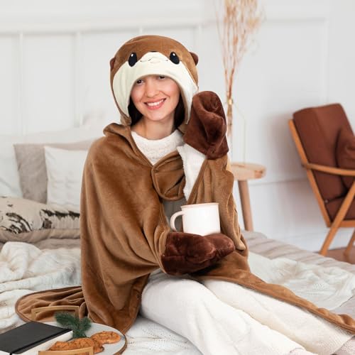 Mewaii Otter Wearable Blanket Hoodie – Oversized Plush Flannel Cloak