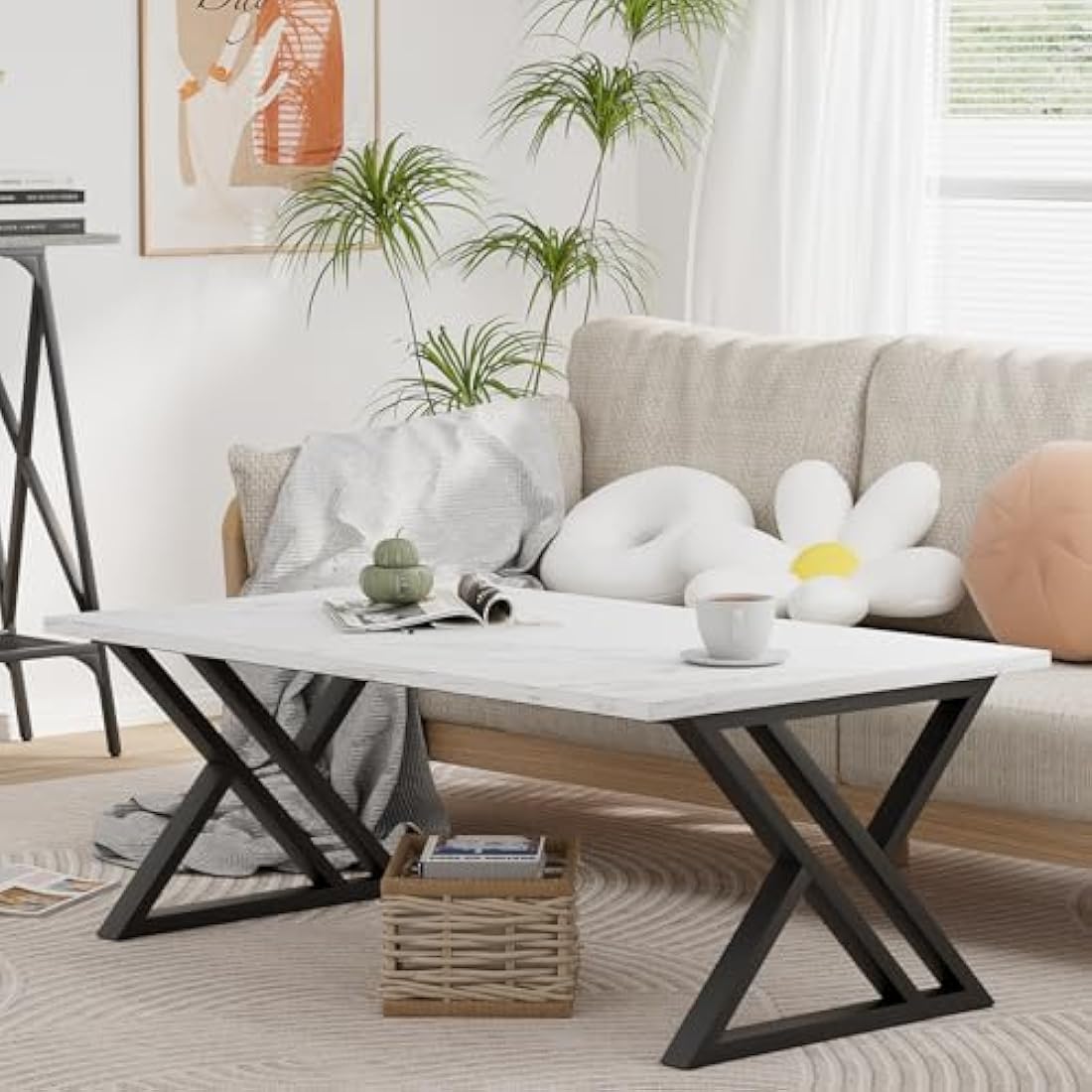 Modern Rectangular Coffee Table | Black Metal Frame, White