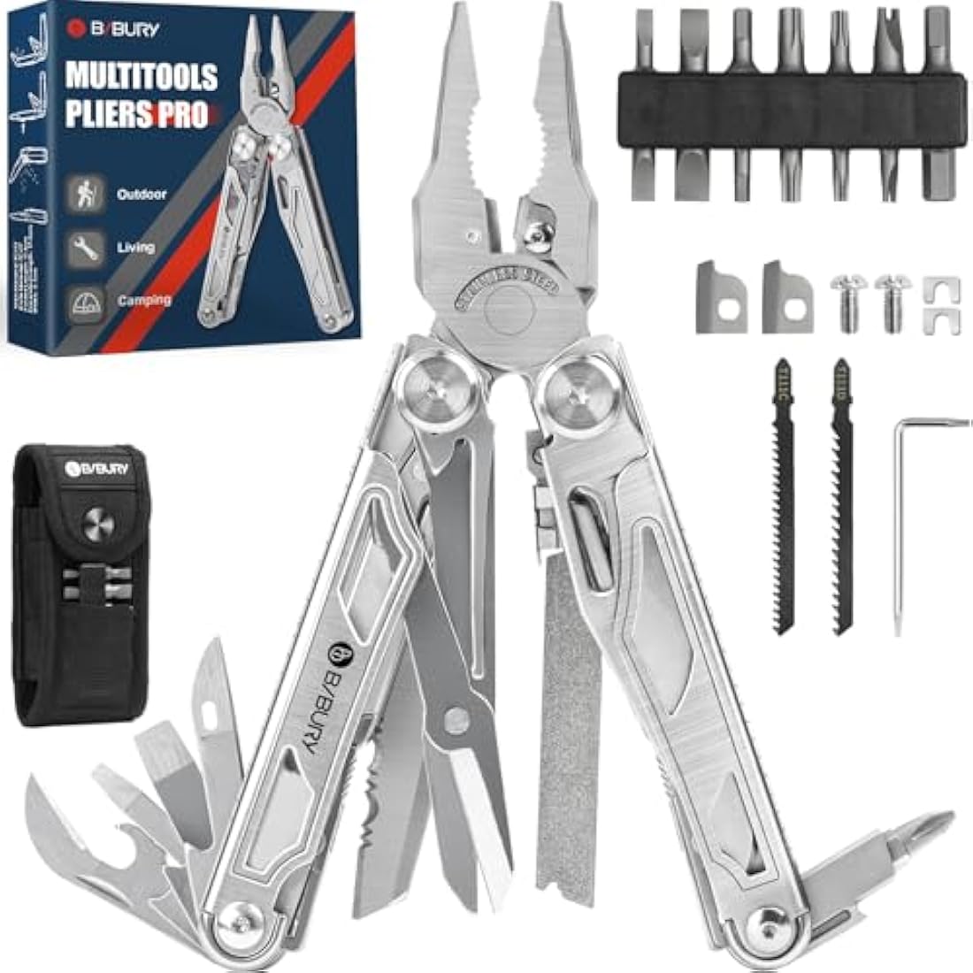 BIBURY 31-in-1 Multitool Pliers | Stainless Steel Tool with 16-Bit Set