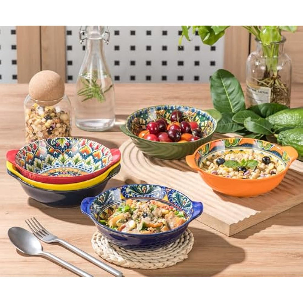 Henten Home Bohemian Ceramic Bowls Set - 6pc Colorful Porcelain with Handles