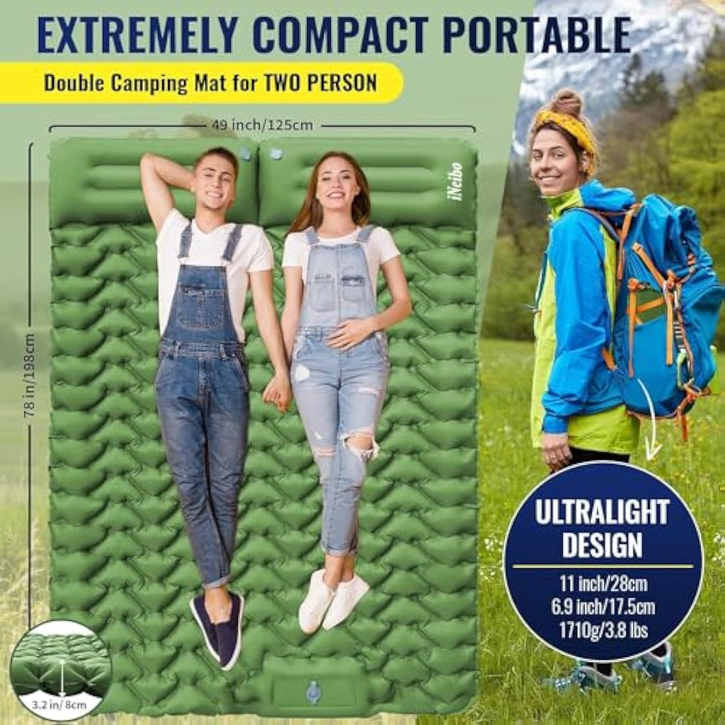 iNeibo Double Sleeping Pad – Inflatable 2 Person Camping Mat with Foot Pump