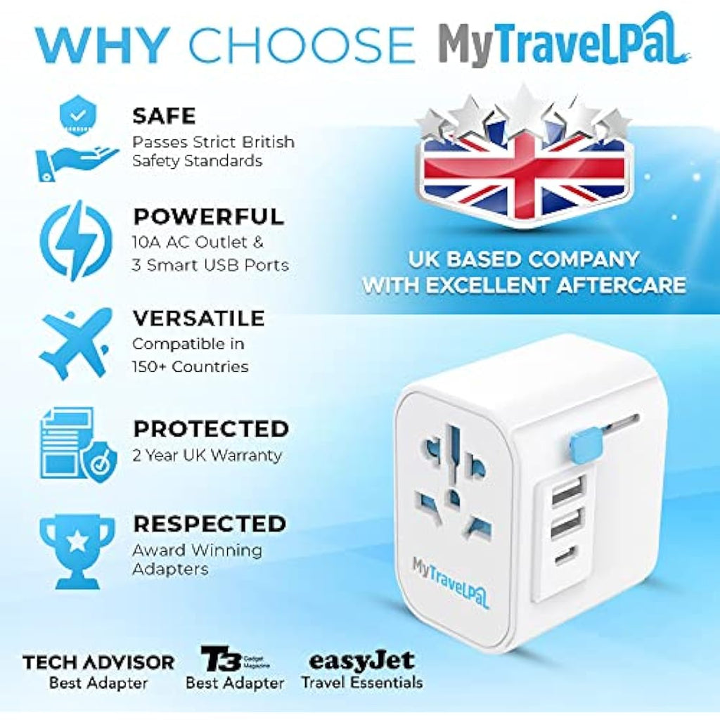 MyTravelPal Pro Grounded Universal Travel Adapter with USB-C | 10A